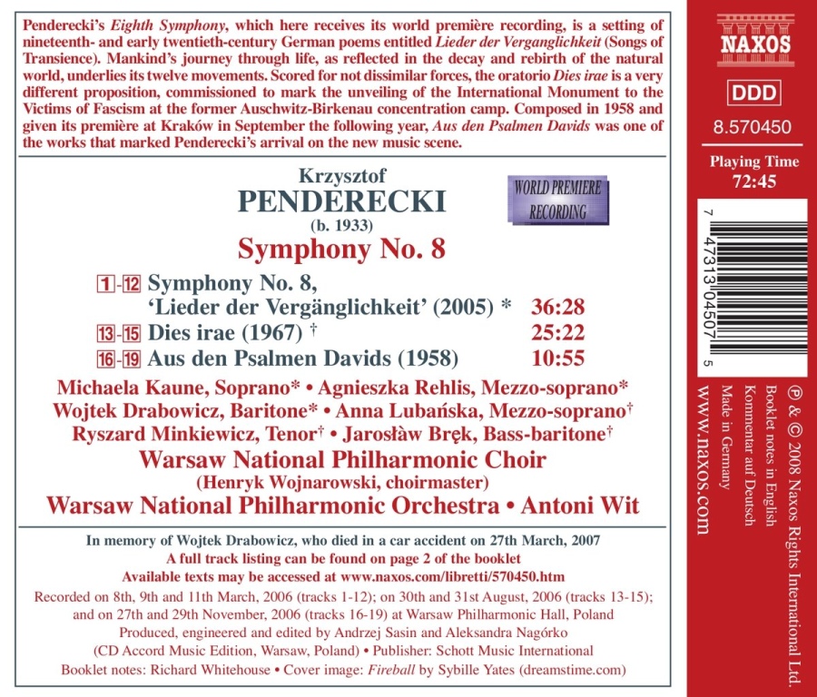 PENDERECKI : Symphony No. 8, Dies Irae, Psalmen Davids - slide-1